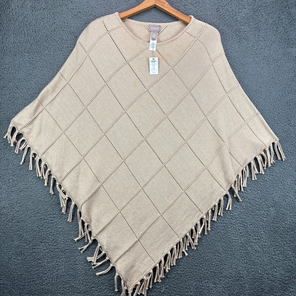 Chicos Sparkle Fringe Knit Triangle Poncho Sesame Beige‎ Metallic L/XL 570349635